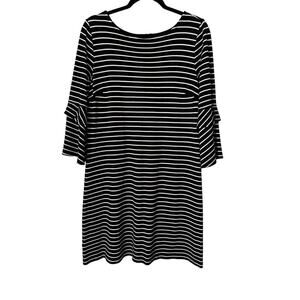 Ann Taylor Dress Womens Size 8 Black White Striped 3/4 Bell Sleeves Ruffle Shift